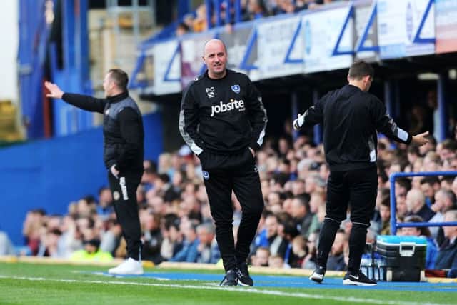 Paul Cook during his 100th game in charge of Pompey against Newport on Saturday. Picture: Joe Pepler