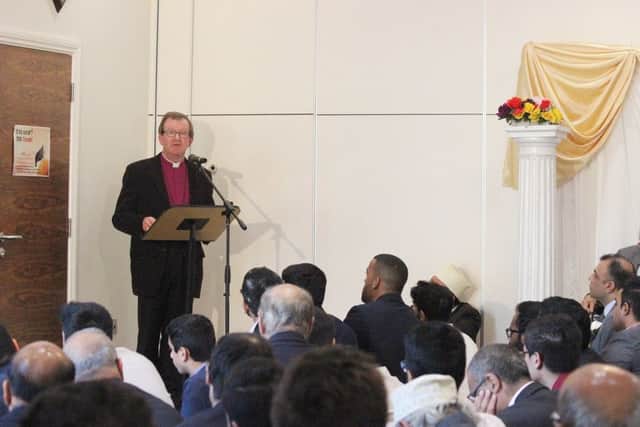 The Bishop speaks to worshippers from the Wessex Jamaal Community, gathered at the Al Mahdi Centre near Fareham.