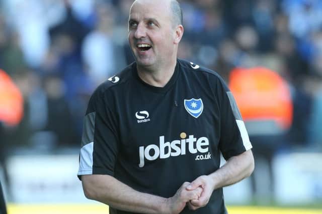 Pompey boss Paul Cook celebrated 100 games in charge of Pompey against Newport on Saturday Picture: Joe Pepler