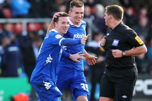 David Connolly, left, celebrates his goal at Crewe with Jed Wallace. Picture: Joe Pepler