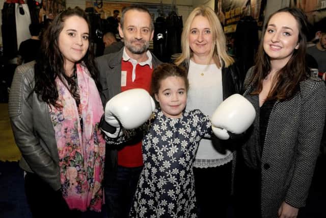 Maddison Crockford-Reid with her family, from left, half-sister Aimee Bastable, dad Spencer Crockford, mum Shelly Reid and half-sister Jorden Evans Picture: Sarah Standing (160167-1591)