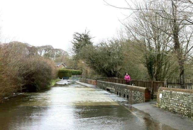 Jim Gibsons picture of the Lavants flowing  across Woodberry Lane, Rowlands Castle, in 2016.