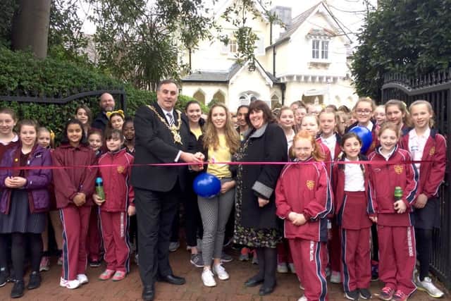 Lord Mayor of Portsmouth Councillor David Fuller, Georgie Howard, 18, Head of Gaskell House, and deputy headmistress Heather Trim with students at the start of the walk Picture: Sally Tiller