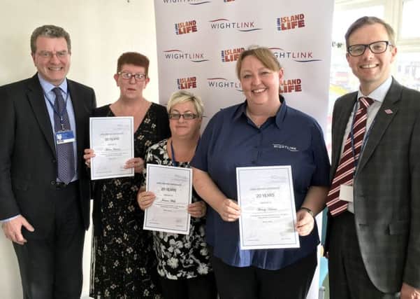 Wightlink Business Development Director Clive Tilley, Trade Sales Coordinator Maria Johnson (30 years), Resource Planning Officer Jo Wells (20 years), Customer Relations Officer Wendy Hamm (20 years), Operations Director Elwyn Dop