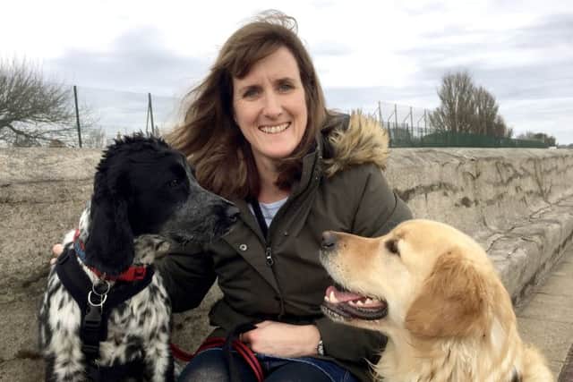 Helen Hitchings with her own dogs on Southsea beach