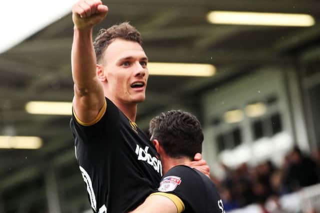 Kal Naismith celebrates his goal in Pompey's 2-0 win at Hartlepool on Saturday. Photo by Joe Pepler
