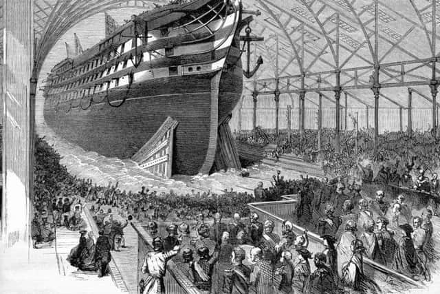 In the age of fighting sail, Portsmouth dockyard was responsible for building well in excess of 200 warships. This was the launch of HMS Victoria  in November 1859. Like her sister ship Marlborough, she  was converted to steam power.                           Pictures: Philip MacDougall/Amberley.