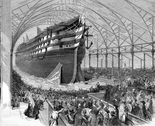 In the age of fighting sail, Portsmouth dockyard was responsible for building well in excess of 200 warships. This was the launch of HMS Victoria  in November 1859. Like her sister ship Marlborough, she  was converted to steam power.                           Pictures: Philip MacDougall/Amberley.
