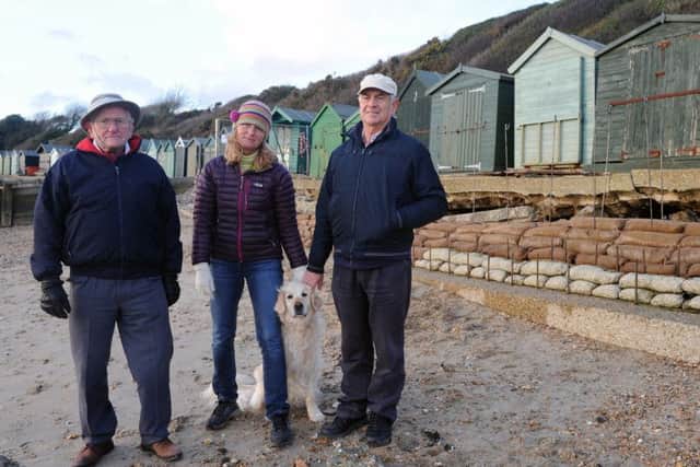 Tony Pepper, right, with Hill Head residents Brian Ray and Christina Gilbert with her dog Ellie by the crumbling promenade last year Picture: Sarah Standing (160083-7347)