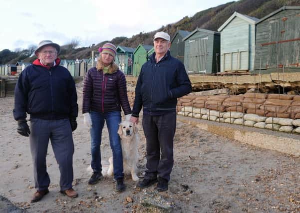 Tony Pepper, right, with Hill Head residents Brian Ray and Christina Gilbert with her dog Ellie by the crumbling promenade last year Picture: Sarah Standing (160083-7347)