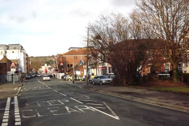 A view towards the  railway gates in Portsmouth Road, Cosham, which are now, in 2017, full barriers.