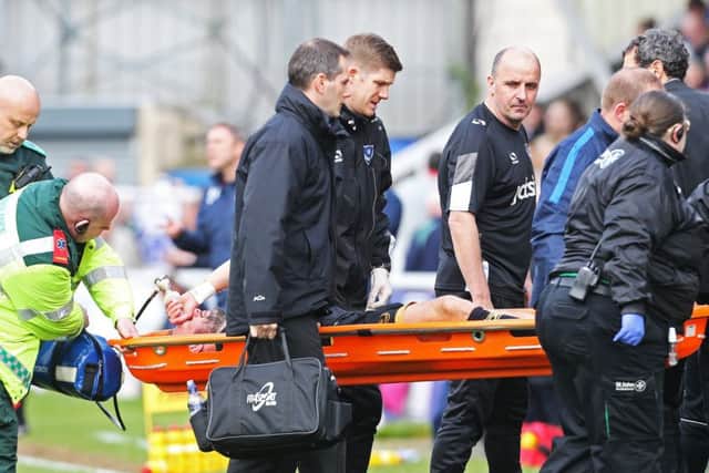 Noel Hunt is stretchered off at Hartlepool. Picture: Joe Pepler