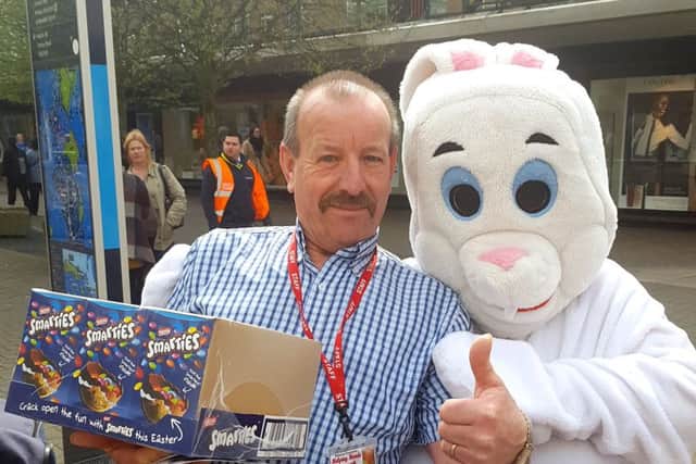 Billy Shannon with Bev Saunders as the Easter Bunny