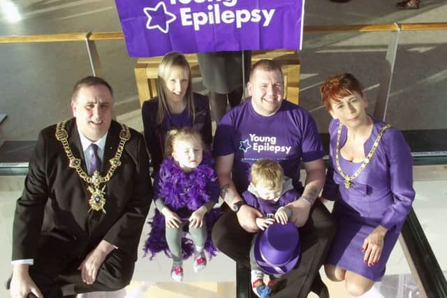 The Canning family at the switching on of the Spinnaker Tower lights with the Lord Mayor of Portsmouth, Councillor David Fuller, and Lady Mayoress Leza Tremorin