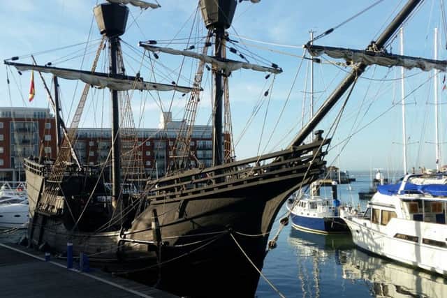 The Nao Victoria, a replica of the first ship to circumnavigate the world, will be docked at Gunwharf Quays Marina until Sunday