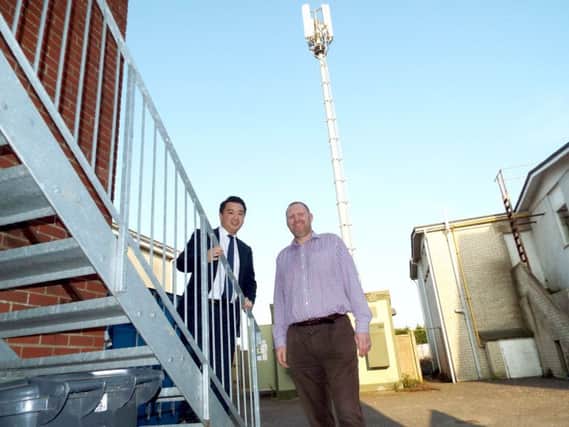 Alan Mak MP with Vodaphones Rob Matthews at the upgraded Hayling mobile phone mast