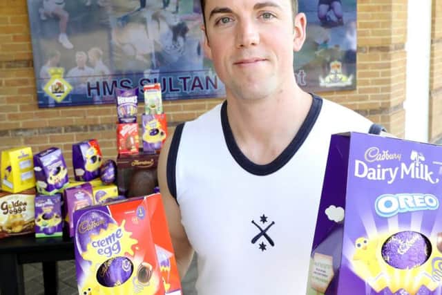 Leading Physical Trainer James Jonno Johnson took Easter eggs from the Eggstravaganza at HMS Sultan to children at St Richards Hospital in Chichester. Photo: PO (Phot) Nicola Harper