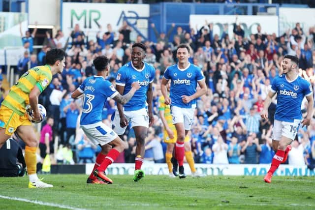 Pompey celebrate Jamal Lowe's goal against Yeovil. Picture: Joe Pepler.