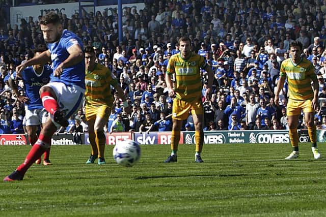 Gareth Evans scores Pompey's first goal from the penalty spot against Yeovil. Picture: Joe Pepler