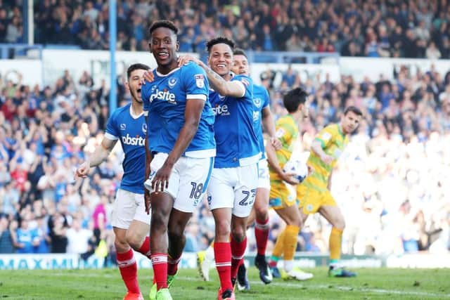 Jamal Lowe celebrates his maiden Pompey goal against Yeovil. Picture: Joe Pepler