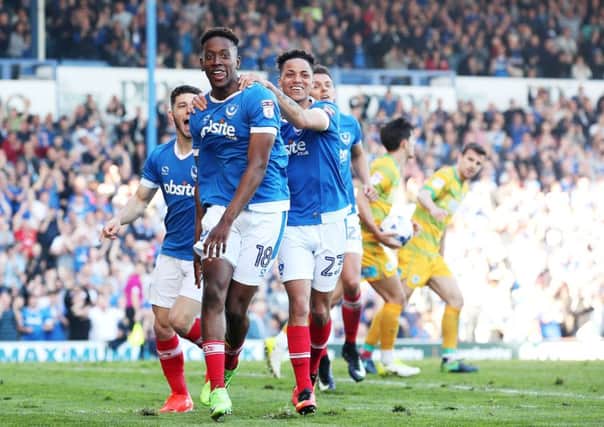 Jamal Lowe celebrates his maiden Pompey goal against Yeovil. Picture: Joe Pepler