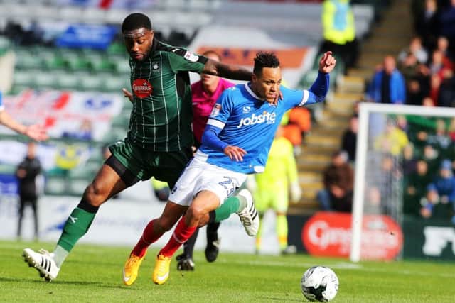 Carl Baker in action for Pompey against Plymouth. Picutre: Joe Pepler