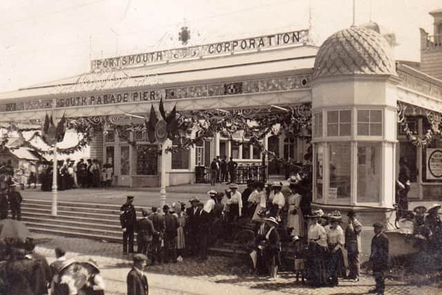 The great day has arrived and curious people throng the entrance to the new South Parade Pier on its opening day, August 12, 1908.
