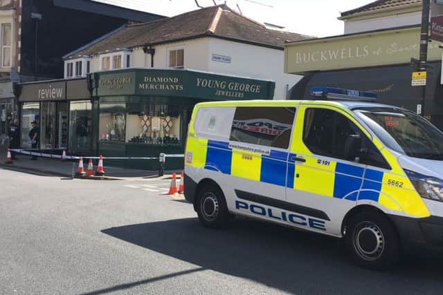 Police at Young George Jewellers, in Osborne Road, Southsea, after an attempted robbery on April 11.