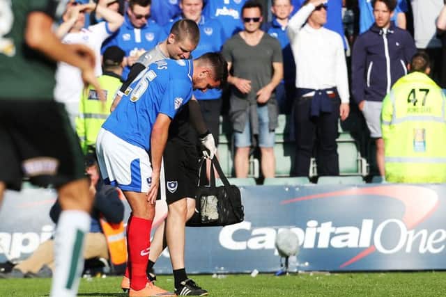 Gareth Evans injured at Plymouth last May. Picture: Joe Pepler