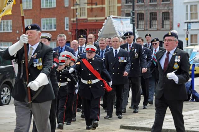 Former crew members of HMS Sheffield which was attacked during the Falklands War take part in a service of remembrance at the Falklands Memorial in Old Portsmouth in 2016. Picture Ian Hargreaves  (160591-5) PPP-160105-175244006