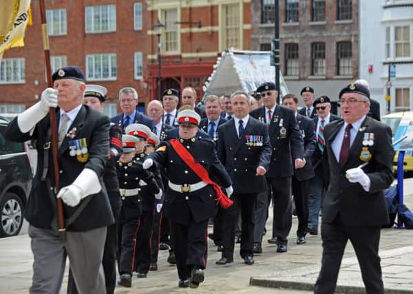 Former crew members of HMS Sheffield which was attacked during the Falklands War take part in a service of remembrance at the Falklands Memorial in Old Portsmouth in 2016. Picture Ian Hargreaves  (160591-5) PPP-160105-175244006
