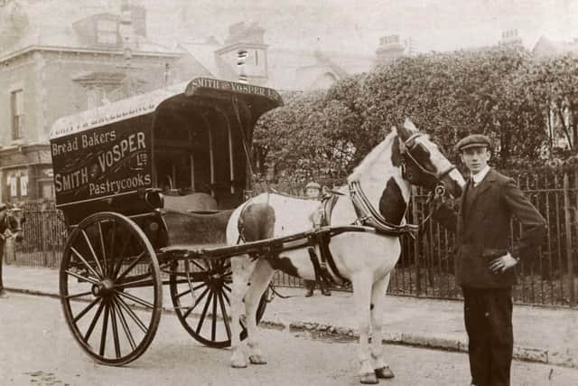 William Gosslinn with horse and Smith & Vosper cart.