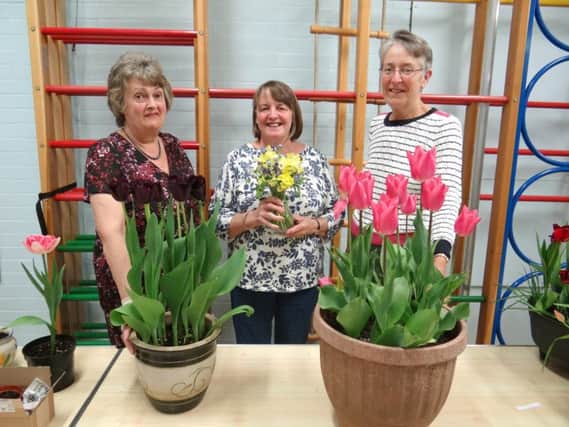 Linda Pridham, Beryl Turner and June Simmon with some of the tulips from Clanfield Gardening Club's spring show