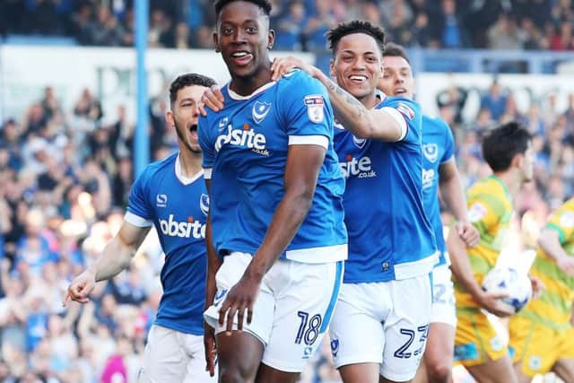 Jamal Lowe celebrates his maiden Pompey goal against Yeovil Picture: Joe Pepler