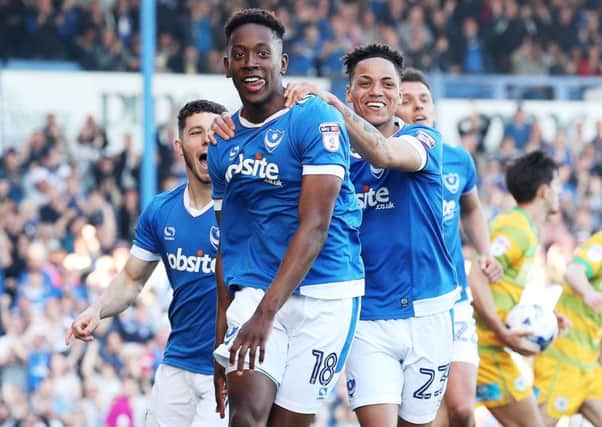 Jamal Lowe celebrates his maiden Pompey goal against Yeovil Picture: Joe Pepler