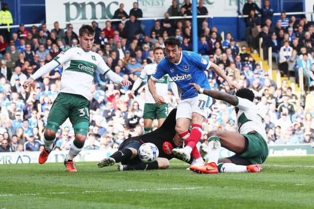 Gary Roberts scores his second-half equaliser for Pompey Picture: Joe Pepler