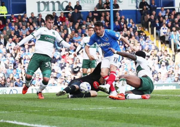 Gary Roberts scores his second-half equaliser for Pompey Picture: Joe Pepler