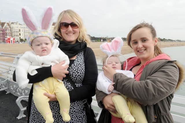 From left, Karen Lee, 36, originally from Portsmouth, with her 19-week-old baby Jasmine and Gemma Mallard, 29, from Bedhampton, with Jasmine's second cousin Primrose Mallard, who is 20 weeks oldPicture: Sarah Standing (170498-9764)