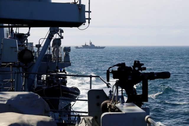 Royal Navys HMS Sutherland escorts two Russian warshipspast UK coastline. Picture: LA(Phot) Guy Pool