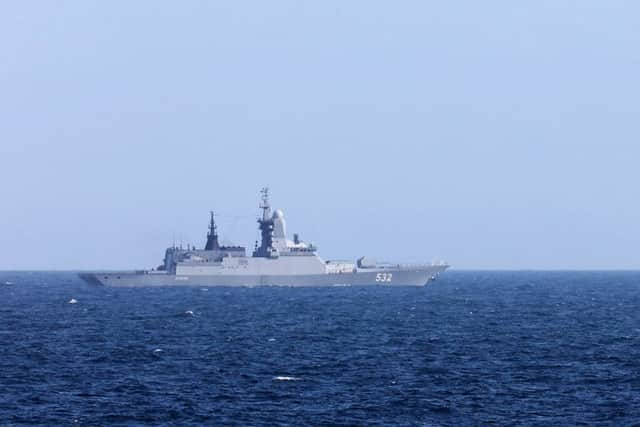 Royal Navys HMS Sutherland escorts two Russian warshipspast UK coastline. Picture: LA(Phot) Guy Pool