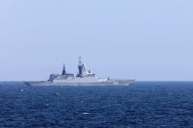 Royal Navys HMS Sutherland escorts two Russian warships
past UK coastline. Picture: LA(Phot) Guy Pool