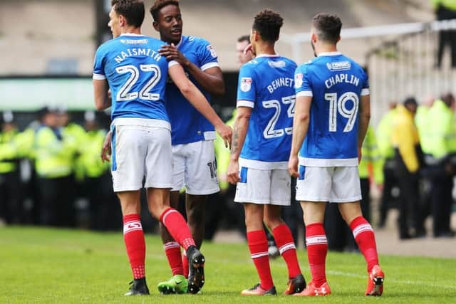 Jamal Lowe celebrates one of his goals. Picture: Joe Pepler