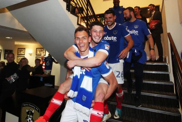Kal Naismith and Conor Chaplin head the celebrations at Meadow Lane Picture: Joe Pepler