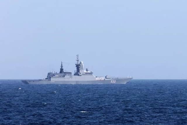 Royal Navys HMS Sutherland escorts two Russian warships past UK coastline. Picture: LA(Phot) Guy Pool