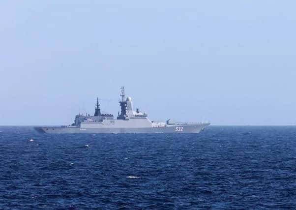 Royal Navys HMS Sutherland escorts two Russian warships past UK coastline. Picture: LA(Phot) Guy Pool