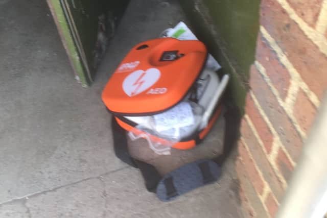 The defibrillator at Fleur de Lys FC after it was vandalised
