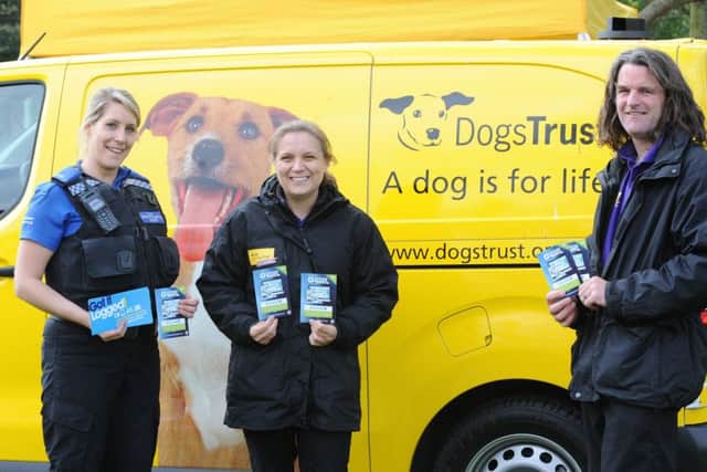 From left, PCSO Sue Smith with Sian Griffin, senior coach and Iain Sneddon, head coach from the Dogs Trust Dog School Hampshire (170503-6111)
