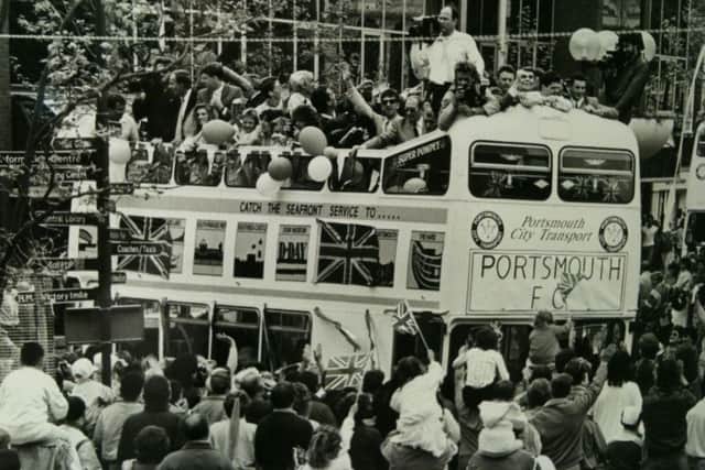 Pompey and their fans celebrate in the Guildhall Square after promotion to the First Division in  1987