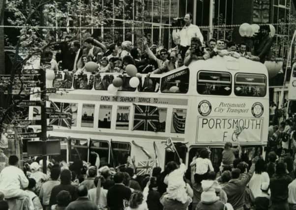 Pompey and their fans celebrate in the Guildhall Square after promotion to the First Division in  1987