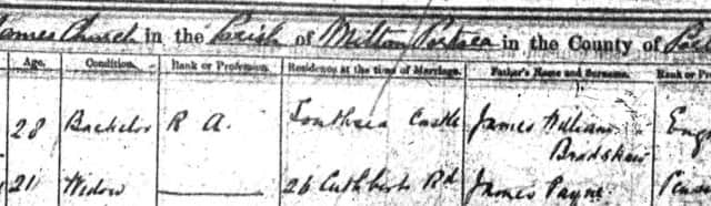 The marriage certificate of James and Annie Bradshaw married at the runaways church at Milton.